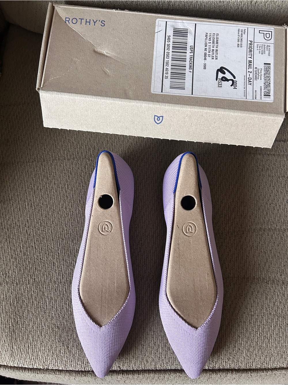 Rothy's Lilac Pointed Toe Flats with Blue Trim